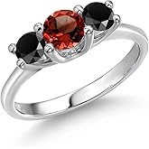 Gem Stone King 14K White Gold Red Garnet & Black Onyx 3-Stone Engagement Ring | 0.99 Cttw | Round 5MM and 4MM | 3 Stone Wedding Anniversary Promise Ring For Women