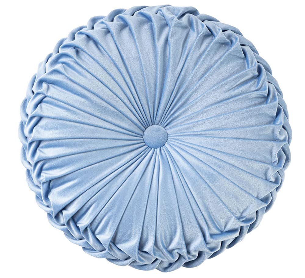 NatureMan 13.7 inch Round Sofa Cushion Pure color velvet home decor, pleated round cushion, pumpkin pillow Suitable for home bed car decoration (light blue)