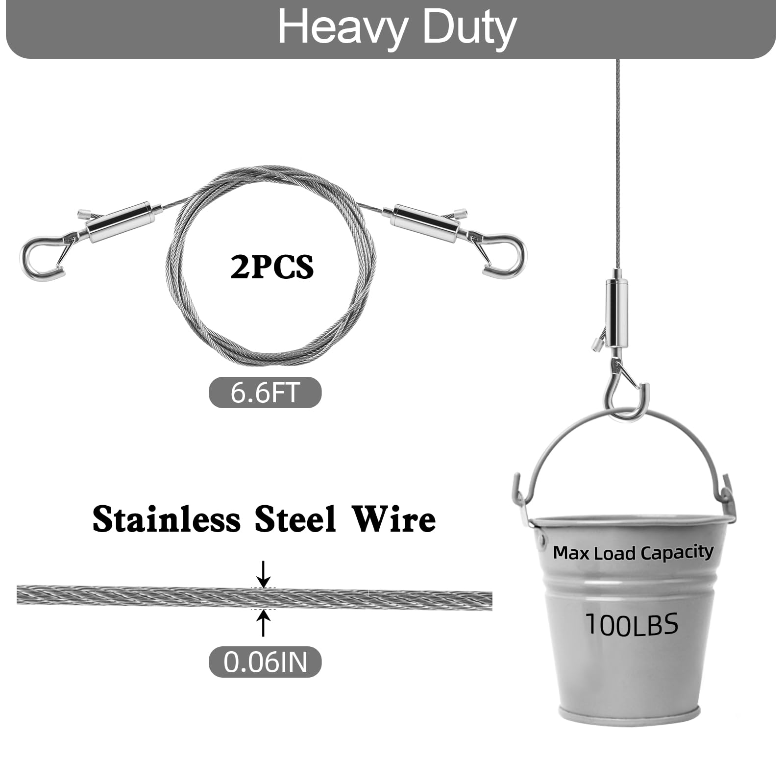 Adjustable Picture Hanging Wire, Upgrade Mirror Frame Hanging Kit, 6.6FT Heavy Duty Stainless Steel Wire Rope, Supports Up to 100lbs (Silver, 2PC-6.6FT)