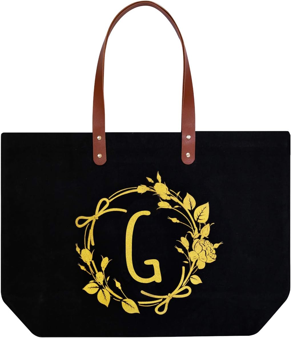 ElegantPark G Initial Monogram Personalized Party Gift Tote Black Large Shoulder Bag with Interior Zip Pocket Canvas