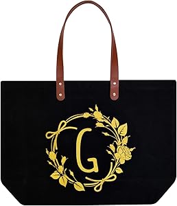 ElegantPark G Initial Monogram Personalized Party Gift Tote Black Large Shoulder Bag with Interior Zip Pocket Canvas