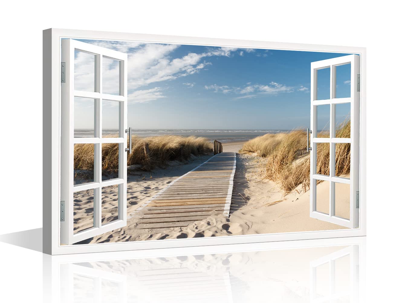TISHIRON Wall Art Decor 3D Window Effect Boardwalk Sandy Beach View Canvas Pictures Artwork Framed Seaside Print Painting Home Decor for Home Living Room Wall Decor(12X18in) — image 1