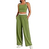 ONFERS 2 Piece Sets for Women Summer Yoga Set Camisole Crop Tank Top Wide Leg Pants Casual Matching Tracksuit