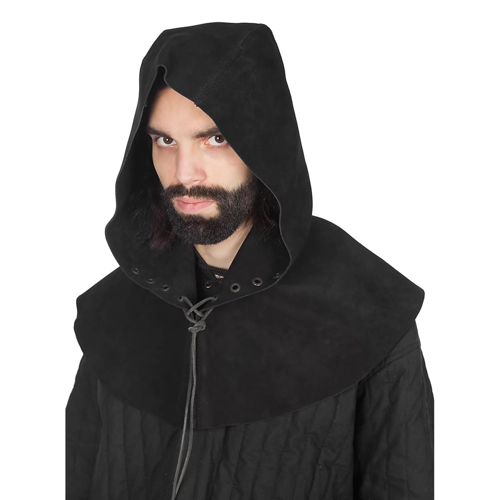 Medieval Leather Hooded Cowl Cape Lace-up Cowl Cloak Halloween Cosplay Costume Gothic Cloak Witch Wizard Vampire Costume Fancy Dress Cosplay Hooded Robe Cloak Shawl Cape for Women Men