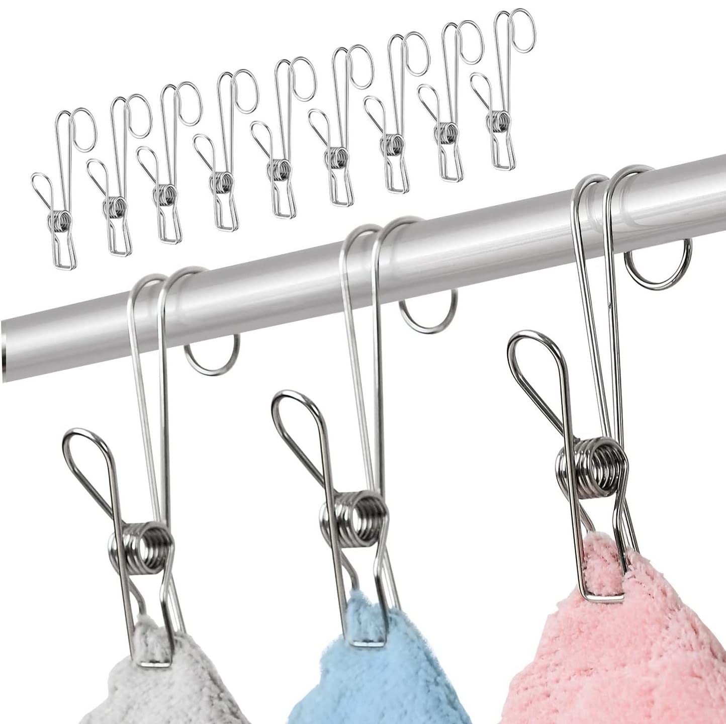 Clothes Pins 12 Pack 304 Stainless Steel Metal Long Tail Clip with Hooks Clothes Pins Hanging Universal Clips for Kitchen Bathroom Office
