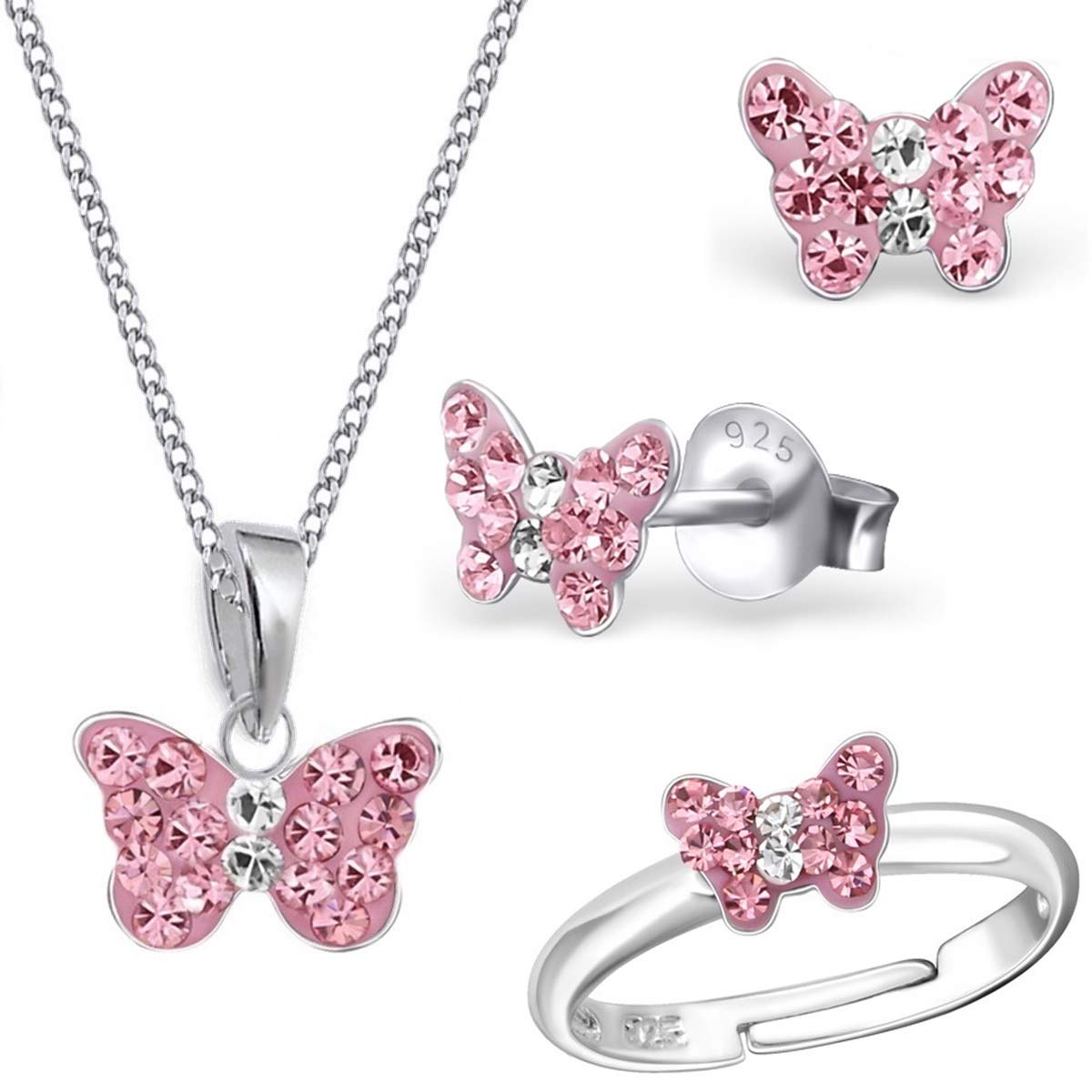 Goldene Hufeisen Mini Pink Crystal Butterfly Ring Pendant Necklace Stud Earrings 925 Real Silver Girls Children Set, Sterling Silver, Cubic Zirconia, Crystal