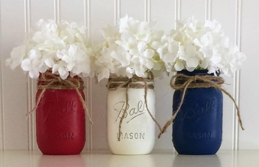 Mason jar set - 3 piece, Red, White, and Blue, 4th Of July Centerpiece