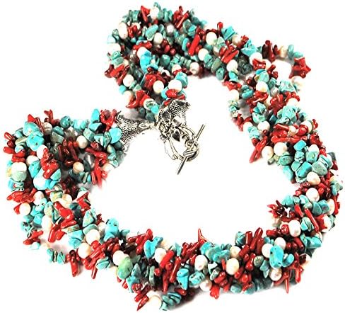 Ny6design 009 Multi Strands Turquoise, Coral & Cultured Freshwater Pearl Silver Tone Toggle Necklace 24" N14062501j