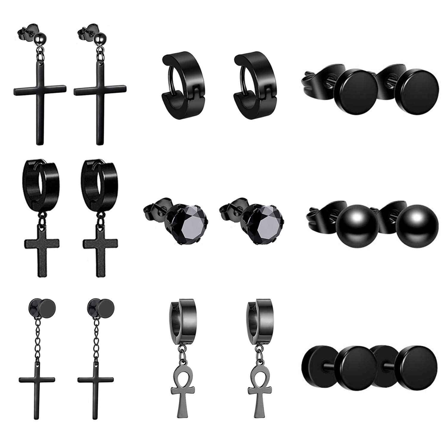 Oidea 9 Pairs Stainless Steel Dangle Stud Earrings Cross Dangle Studs Earrings piercing Jewelry For Men and Women Feather Huggie Hoop Hinged Loop Punk Earring Set Black