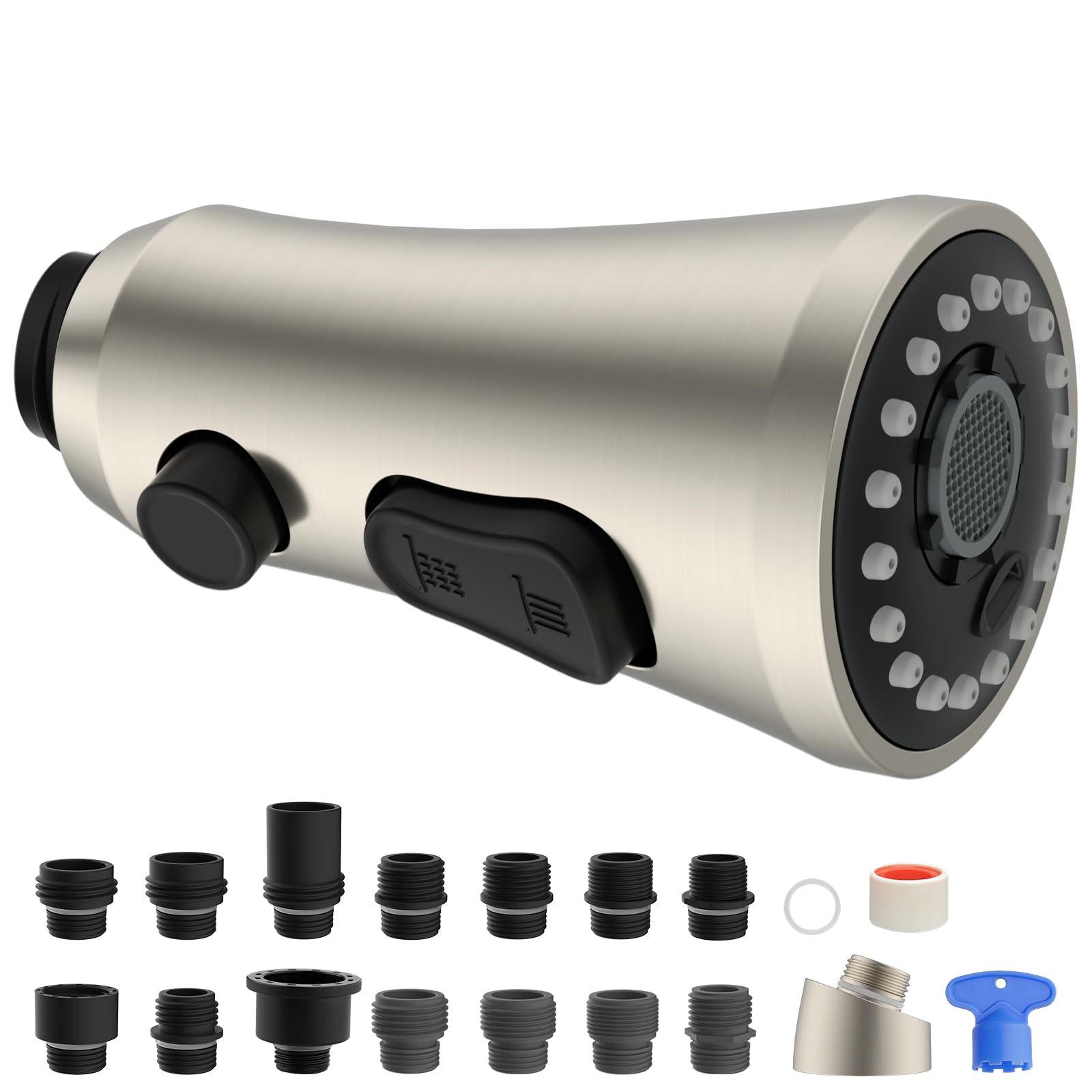 Photo 1 of Hygie Rinse Universal Kitchen Faucet Head Replacement - 2.5GPM with 15 Adapter Kit Compatible with Kohler/Moen/Delta Faucet, 3 Function Pull Down Sink Faucet Spray Head, Brushed Nickel