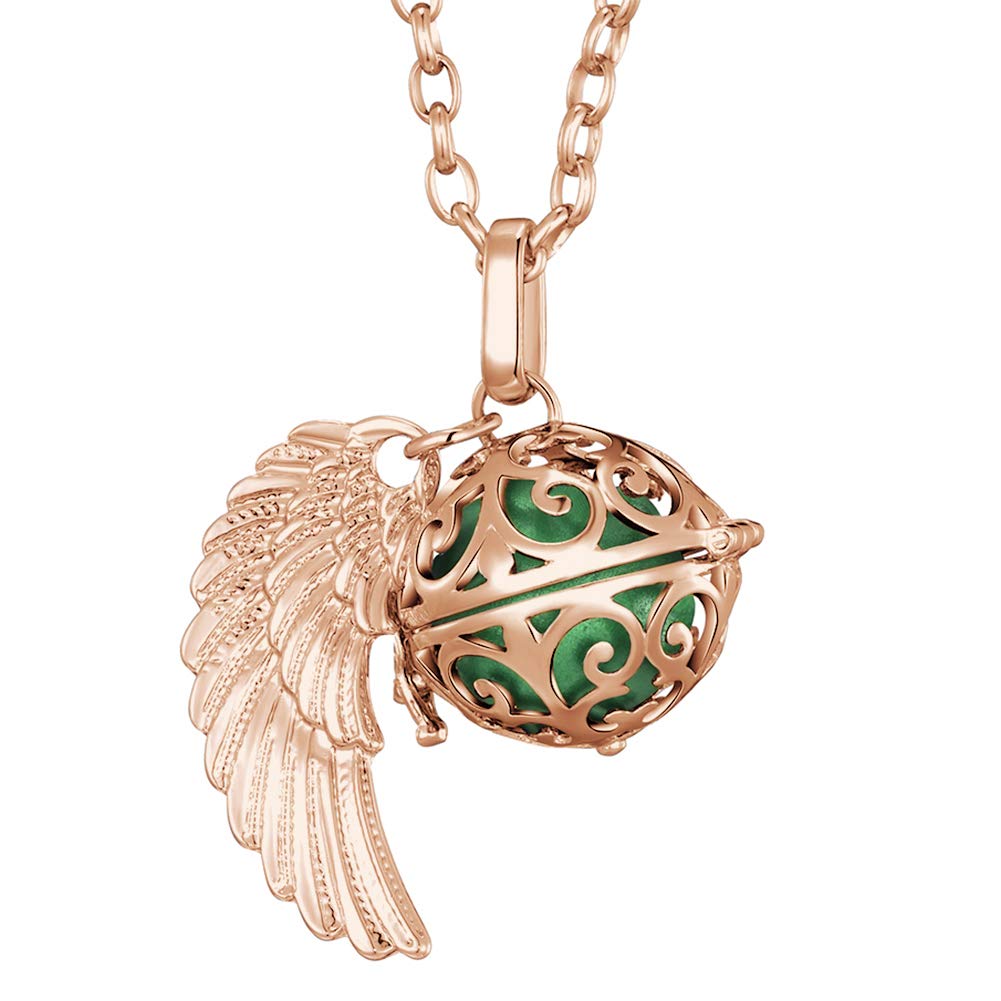 Morella Women Necklace rose golden stainless steel 70 cm 27,5" with Ornament with Angel Wing Pendant with Sound Ball Green Ø 16 mm 0,63" in a velvet jewelry bag