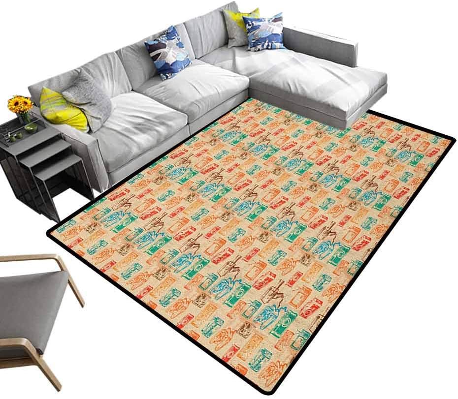 Faux Area Rug Vintage, Super Soft Faux Area Rugs Retro Camera Radio TV and Cassette Illustration Old School Media Devices for Living Room, Bedroom, Laundry Room, Entryway Multicolor, 6 x 9 Feet