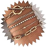Erimberate Punk Layered Tennis Chain Bracelets Paperclip Link Chain Bracelet Gold Toggle Bar Bracelet Retro Chunky Tennis Bracelet Cz Crystal Bracelet Hand Chain Jewelry for Women
