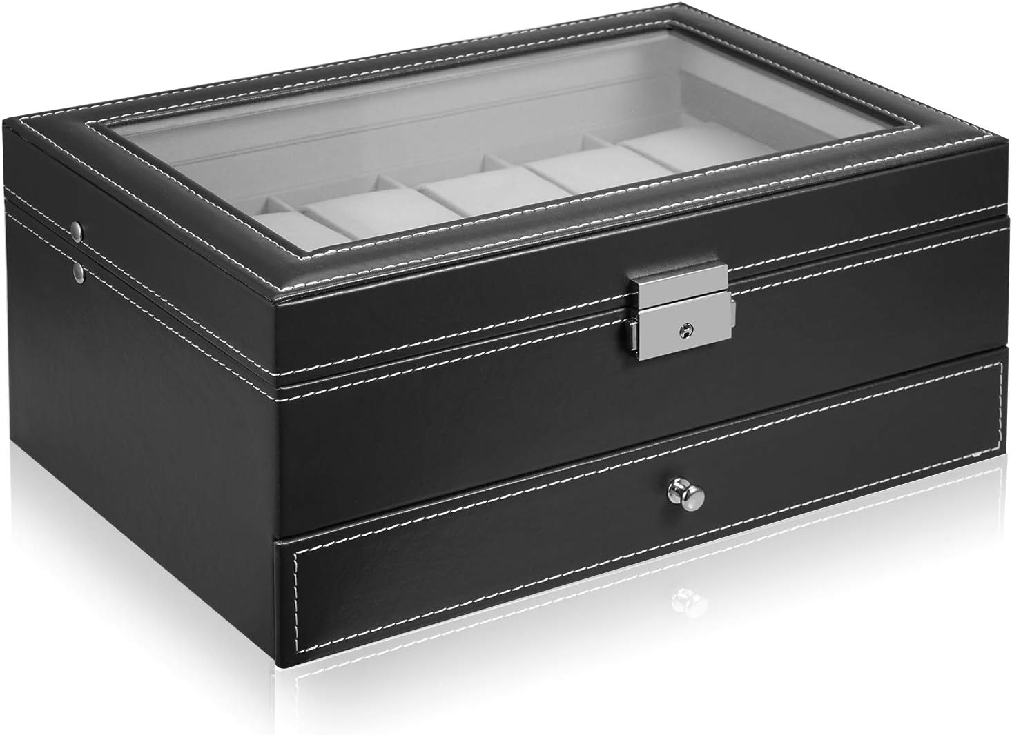 Hossejoy Leather Watch Box 12 Mens Watch Organizer with Jewelry Display Drawer Lockable Watch Case Organizer, Black: Home Improvement