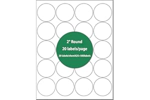 Round Labels, 2 inches or 50.8 mm in Diameter, for Inkjet and Laser Printers, 20 Labels per Sheet, 25 Sheets = 500 Labels.