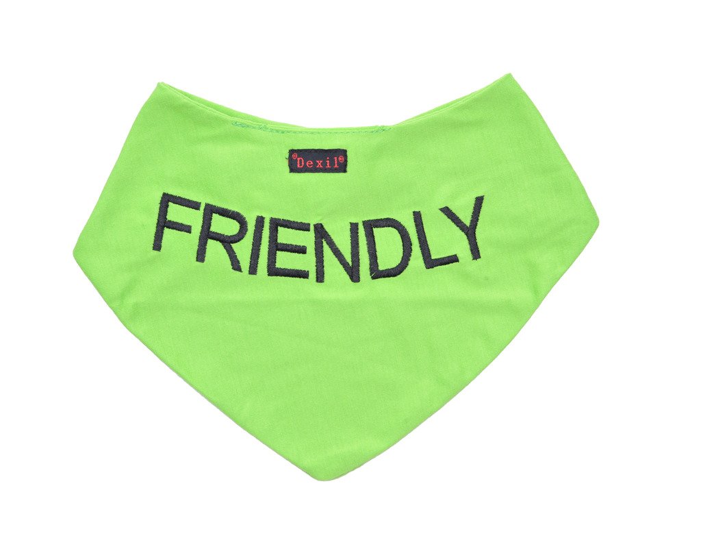 Dexil FRIENDLY Green Dog Bandana Quality Personalised Embroidered Message. Neck Scarf Fashion Accessory. PREVENTS Accidents By Warning Others Of Your Dog In Advance