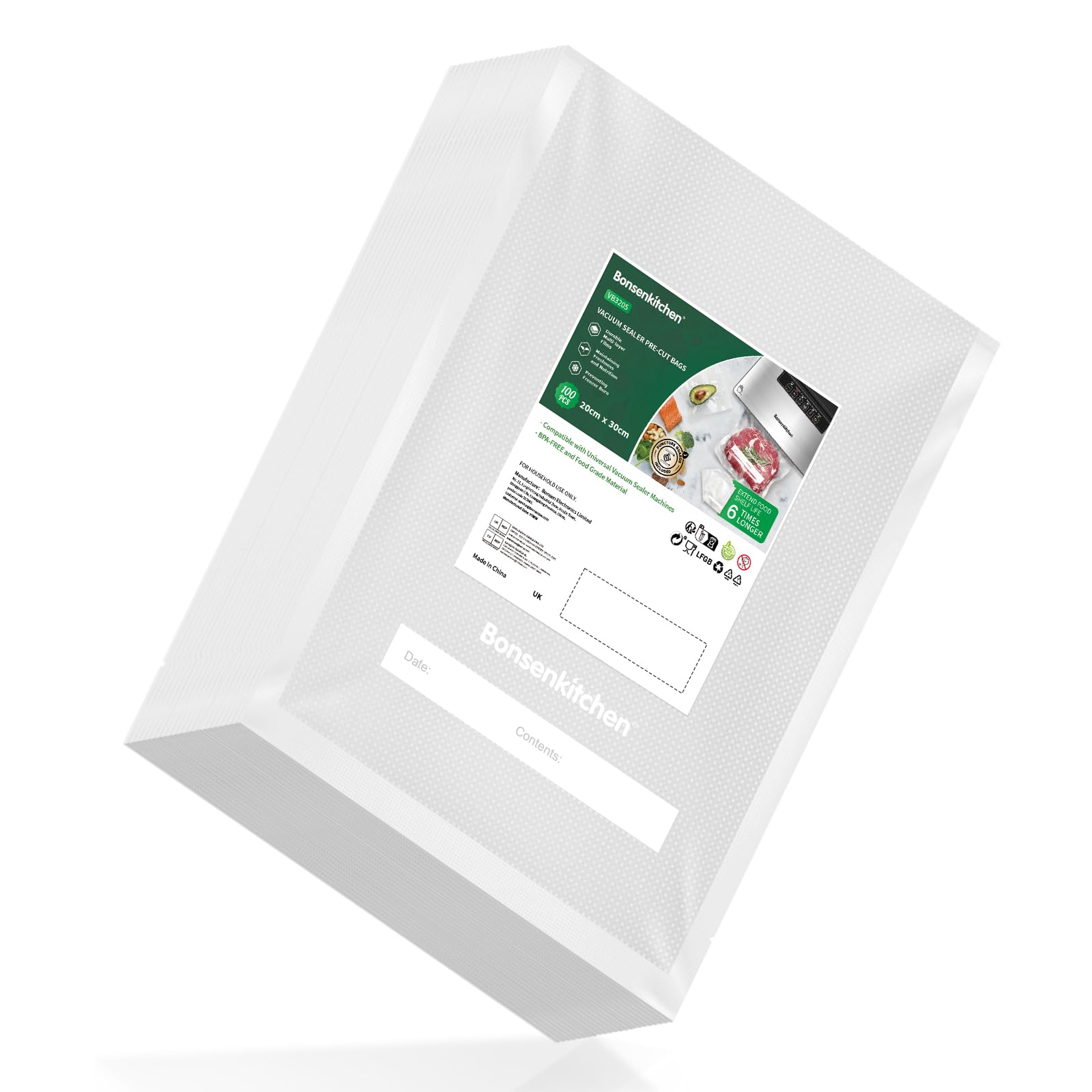 Bonsenkitchen Vacuum Food Sealer Bags (20X30cm) 100 Bags, BPA Free, Commercial Grade Textured Food Vacuum Sealer Bag, Thick Embossed Bags for Food Storage and Sous Vide Cooking, VB3205