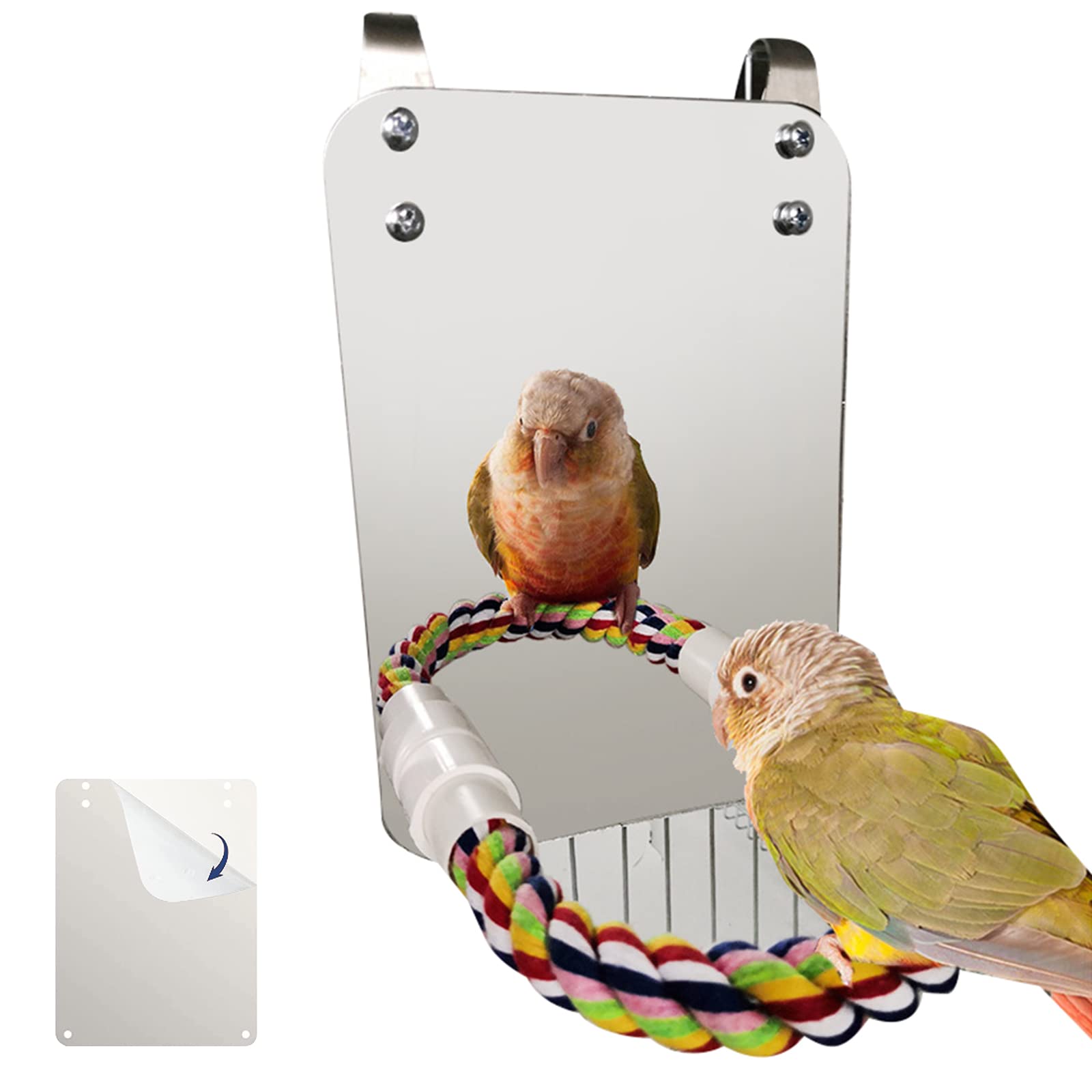Haokaini Bird Mirror Toy With Rope Perch Parrot Bite Toy with Large Mirror Parrot Claw Birdcage Perches Mirror Chew Toy For Budgie Parakeet Cockatiels Lovebirds