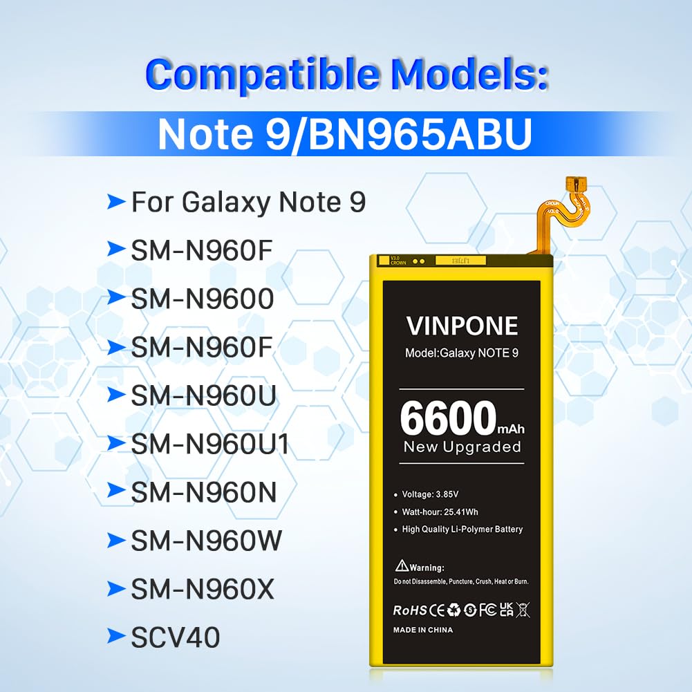 SHENMZ Galaxy Note 9 Battery,[Upgraded] 6600mAh Li-Polymer Replacement Battery for Samsung Galaxy Note 9 N9600 N960F BN965ABC EB-BN965ABU with Full Repair Tool Kit