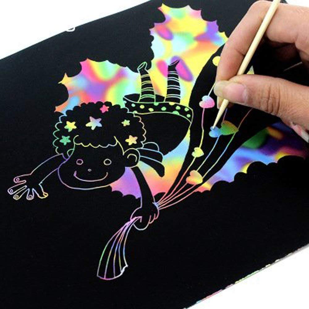 Scratch Art Rainbow, Scratch and Sketch Art Papers Magic Painting Papers with Wooden Stylus & Rulers Stylus Makes Art Fun for Kids, 62 PCS