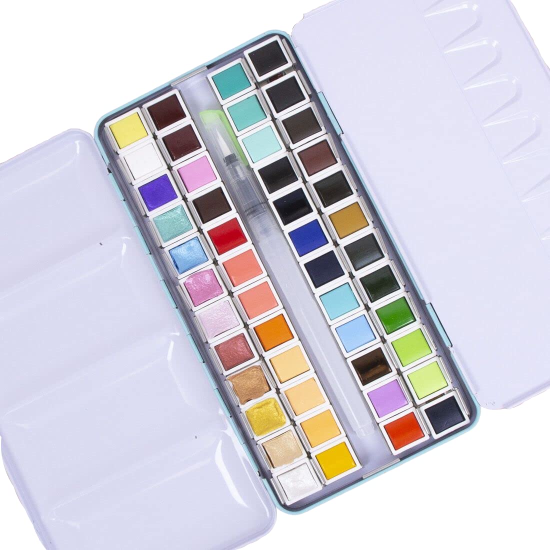 Craftelier - Box of watercolour tablets with assortment of 48 colours + brush with water tank or waterbrush for calligraphy, lettering or mixed media and other crafts | high pigmentation