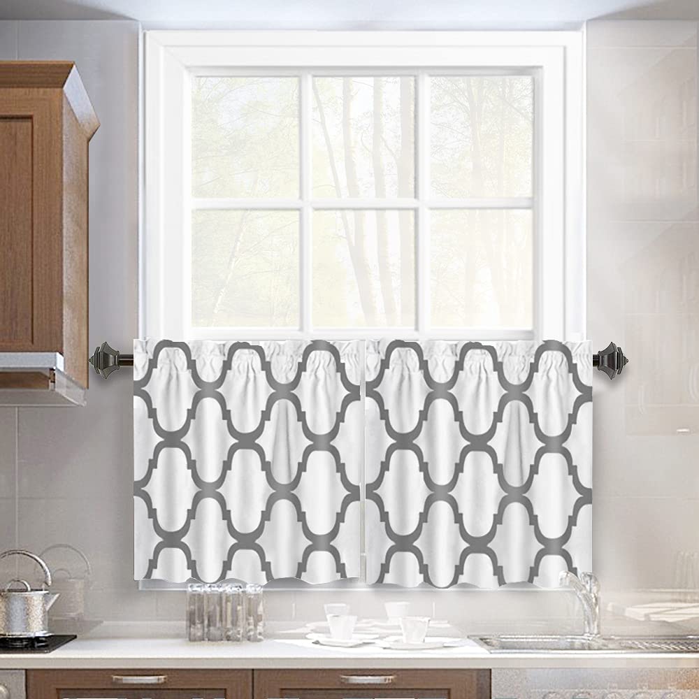 Melodieux Set of 2 Moroccan Fashion Tier Curtains for Kitchen,Geometric Lattice Rod Pocket Curtains for Cafe Bathroom Small Windows,24 Inch Length,Off White/Grey
