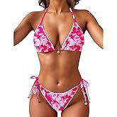 Tainehs Women's Halter Triangle Bikini Sets Sexy String Two Piece Swimsuits Lace Trim Bathing Suit
