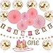 One Year Birthday Decorations Kit For Princess Baby Girl - 'I AM ONE' Banner | Golden Crown Hat | 'ONE' Cake Topper | Pink Hanging Paper Fan | Pink Paper Garland | 8 Ballon - 18 pcs Bundle
