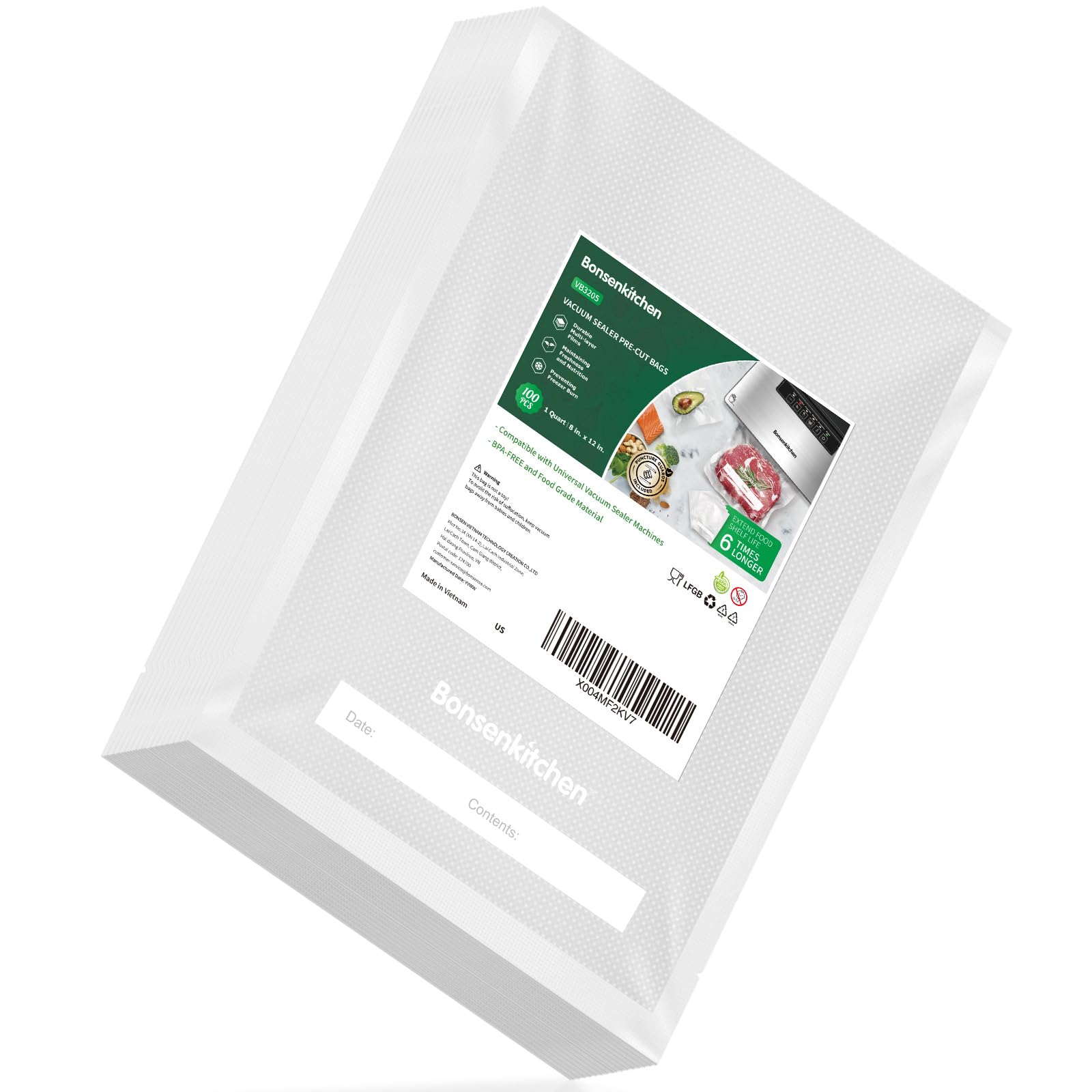 Photo 1 of Bonsenkitchen Precut Vacuum Bags 100 Quart 8" x 12", BPA Free, Commercial Grade Textured Food Sealer Bag, Thick Embossed Bags for Storage and Sous Vide Cooking VB3205