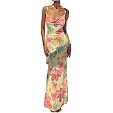 GORGLITTER Women's Floral Bodycon Maxi Dress with Neck Scarf Mesh Cowl Neck Sleeveless Backless Fishtail Long Dresses