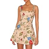 Beaufident Women's Floral Jacquard Dresses Adjustable Strap Sundress A-Line Tank Mini Dress