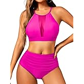 EHSUYAB 2 Piece High Waisted Bikini Set for Women, High Neck Bathing Suit Tummy Control, Ruched Full Coverage Modest Swimsuit