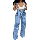 SHINFY Women's Denim Overalls Y2K Straight Wide Leg Bib Overalls Adjustable Strap Cargo Jumpsuits Jean Romper