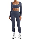 SUUKSESS Women 2 Piece Workout Sets Compression Tummy Control Leggings with Pockets Long Sleeve Square Neck Padded Crop Tops