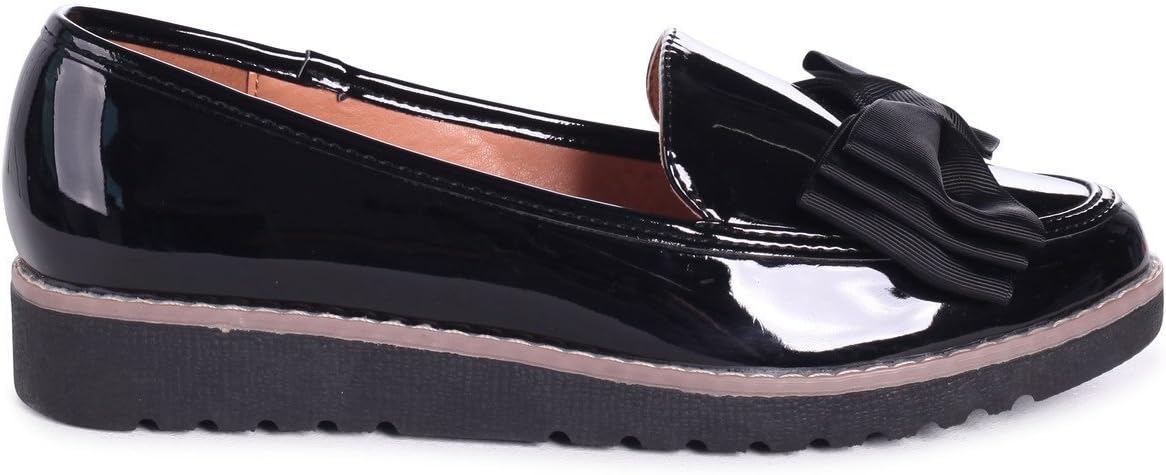 Katy - Black Patent Classic Slip On Loafer with Fabric Bow Detail