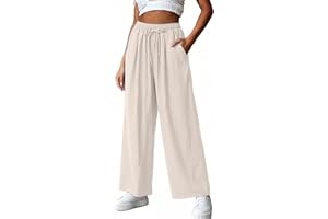Cotton Linen Pants Women Summer Wide Leg Pant Plus Size Drawstring Elastic Waist Trousers Casual Flowy Pants with Pockets