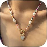 Colorful Beaded Necklace for Women Boho Necklace with Heart Pendant Pearl Toggle Romantic Jewelry for Anniversary Birthday Gifts for Her