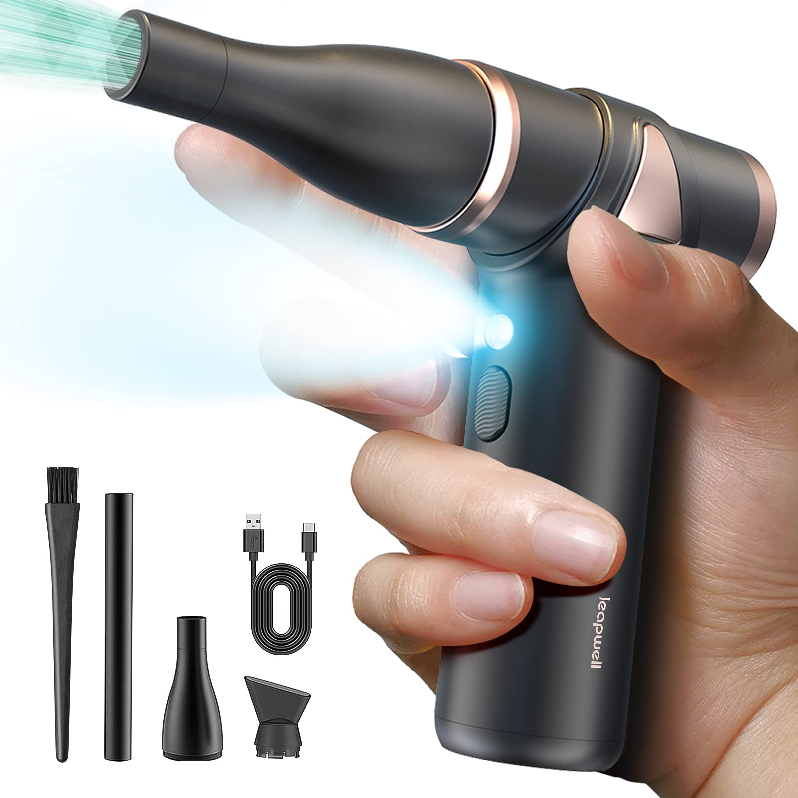 Compressed Air Duster, Leapwell Electric Air Duster 150000 RPM Keyboard Cleaner Mini Air Blower for Computer Cordless Air Dusters Can Rechargeable for PC Cleaner All Metal, Electric Air Duster Black