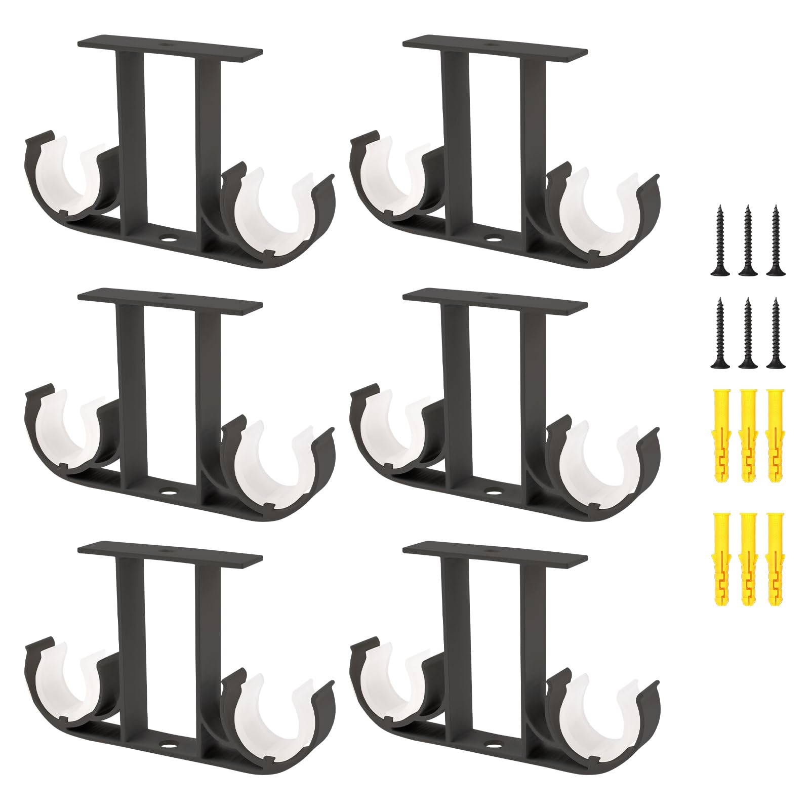 UFURMATE Curtain Rod Brackets, 6Pcs Aluminum Alloy Ceiling-Mount Brackets Double Curtain Holders Window Drapery Rod Hanging Supports for 23mm-26mm Curtain Pole (Black)