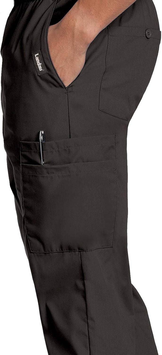 Landau Men's Comfort Stretch Unisex 7-Pocket Elastic Waist Cargo Scrub Pants 8555, Black, Medium Short: Medical Scrubs Pants: Clothing