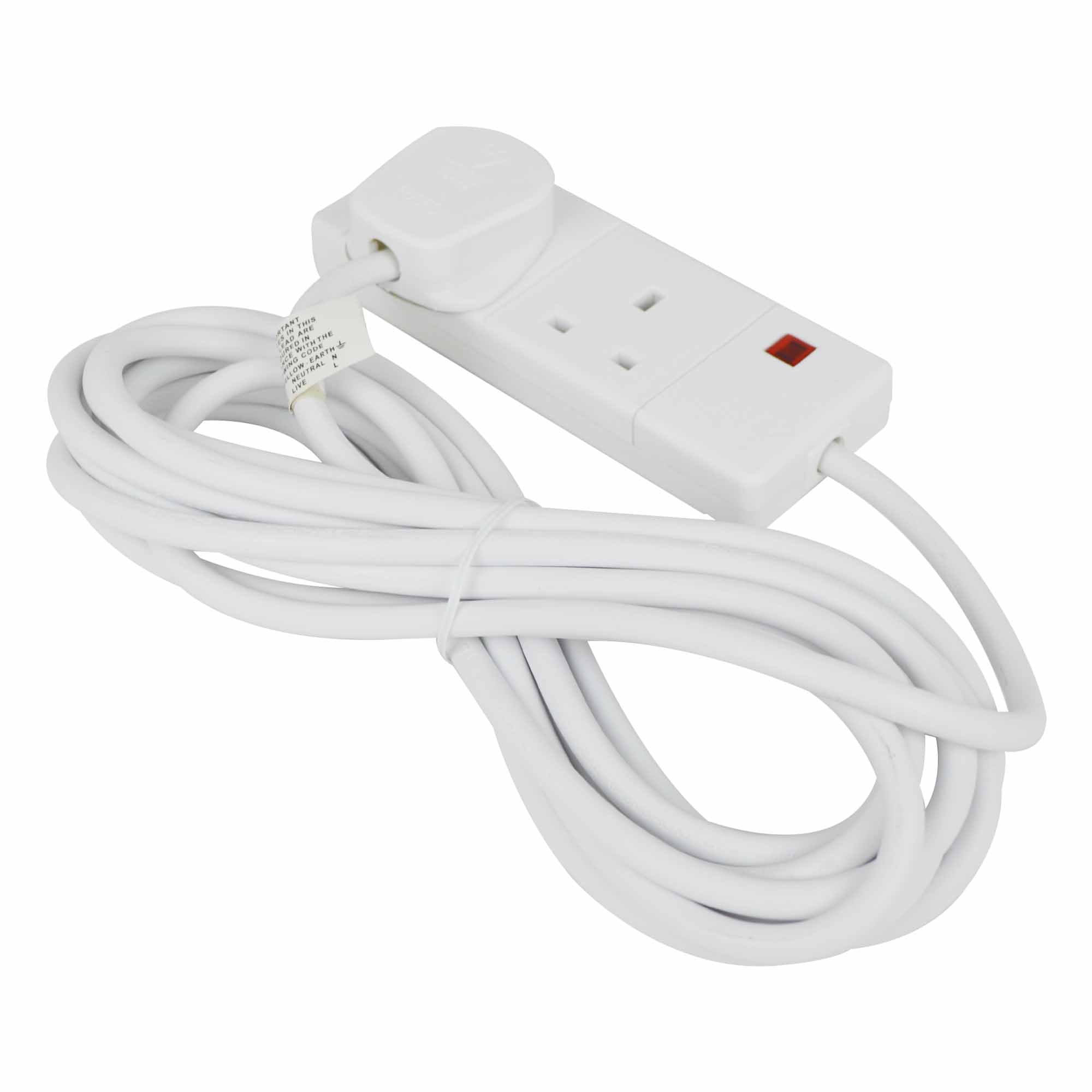 STATUS 2 Socket Extension Lead with Neon Indicator, 5m Cable 13A White Power Strip for Home, Office or Events (2WS5MCP20)