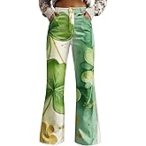 St Patricks Day Pants for Women High Waist Wide Leg Baggy Jeans Irish Shamrock Print Pant Clover Denim Look Flare Jean