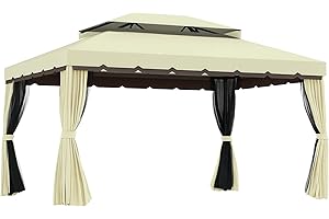 Outsunny 10 x 13ft Aluminum Frame Gazebo Canopy Double Tier Garden Shelter with Netting and Curtains, Cream White