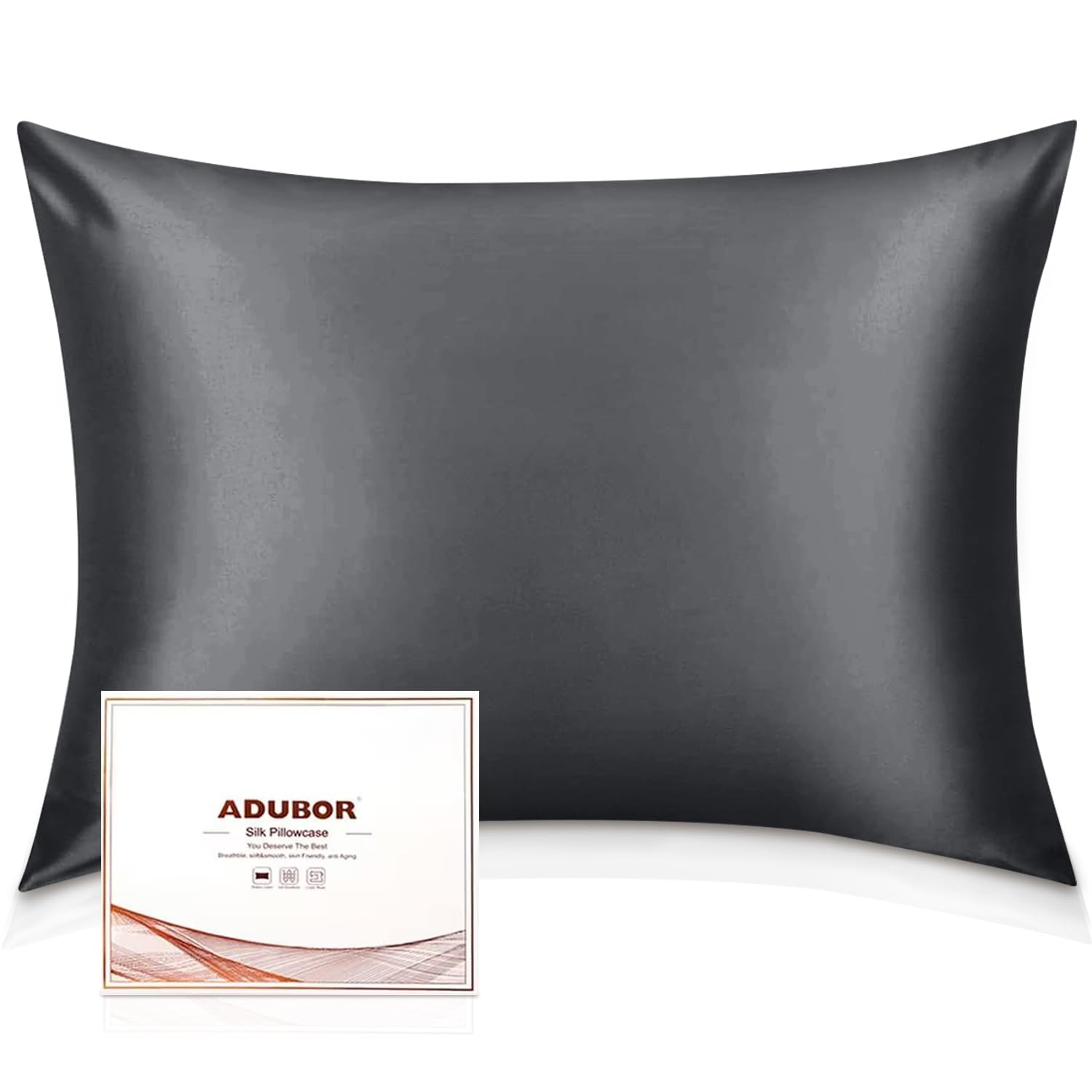 Adubor 100% Mulberry Silk Pillowcase for Hair and Skin with Hidden Zipper, Both Side 22 Momme Silk, 900 Thread Count (50x66CM, Standard Size, Space Grey, 1pc)