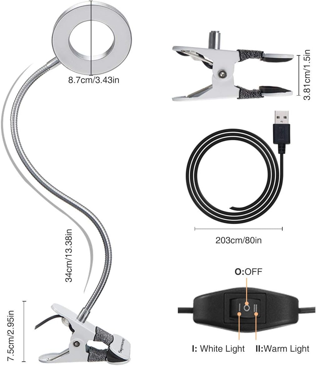 Skymore 24 LED Book Light, 7W Clip Reading Light, Makeup Desk Lamp, USB Rechargeable Bed Light, 2 Brightness(Warm/White) with Eye Protection, Perfect for Night Reading, Bed Headboard and Computers - - 