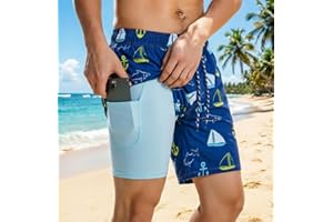 Men 2 in 1 Swim Trunks with Compression Liner Print Board Shorts Quick Dry Athletic Beachwear