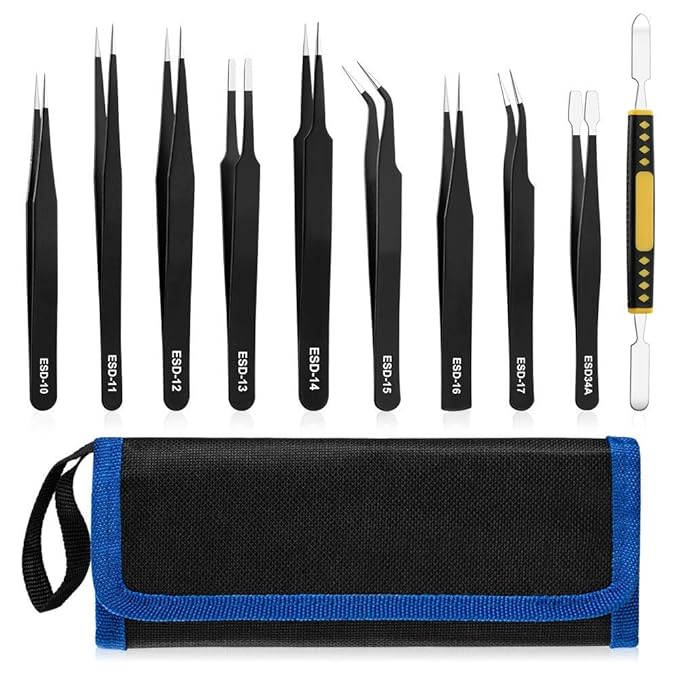 Corslet 10 Pcs Precision ESD Tweezer Set AntiStatic Stainless Steel