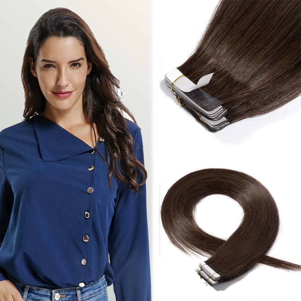 20" 30g Remy Tape in Hair Extensions Human Hair #4 Medium Brown 20 pcs Long Straight Hair Seamless Skin Weft Invisible Double Sided Tape