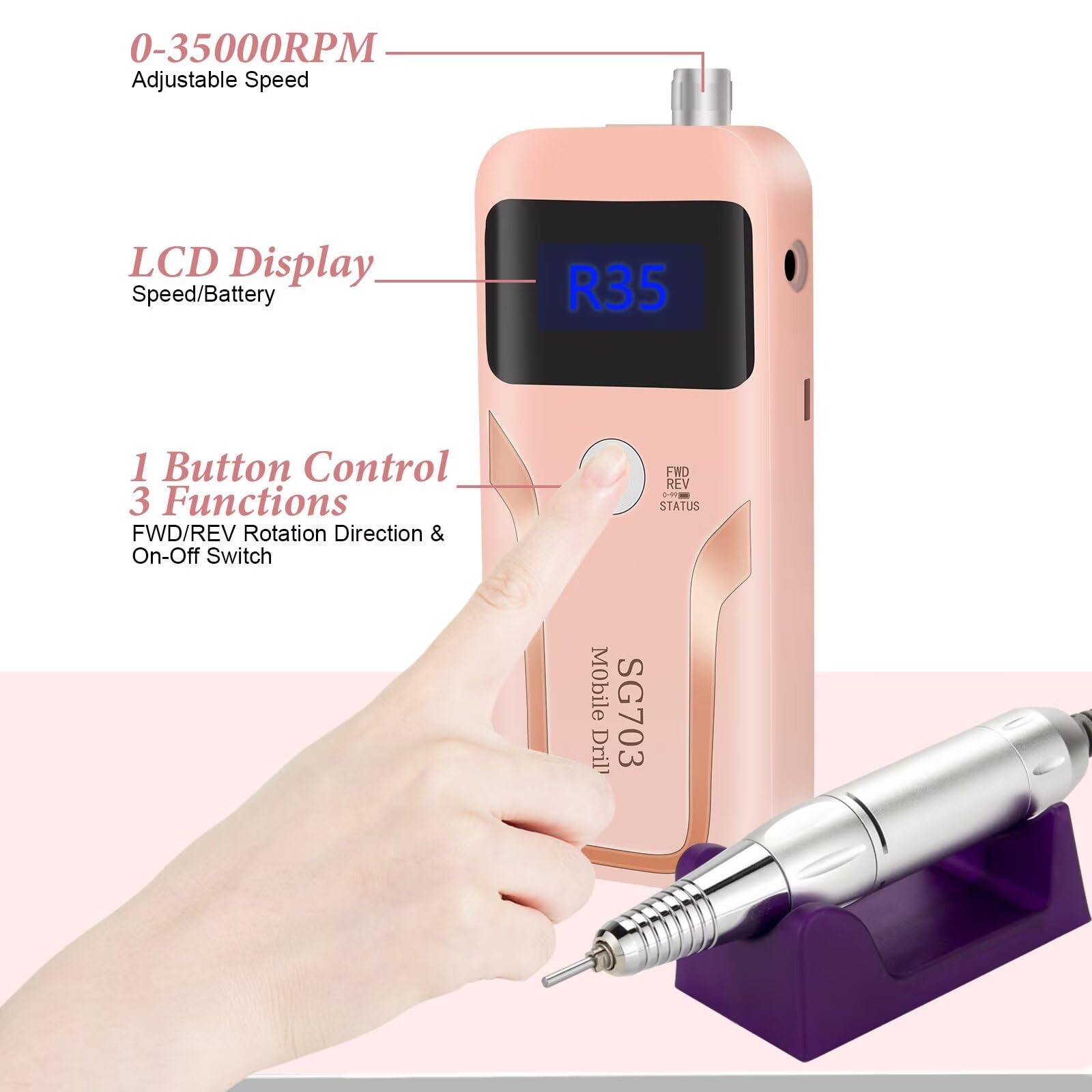 Electric Nail Drill, DELIFO Portable Nail Drill Professional PedicureRechargeable 35000 RPM Nail File Machine Acrylic Nails Polishing Tools with Bits LED Display for Home Salon Manicure - Image 8