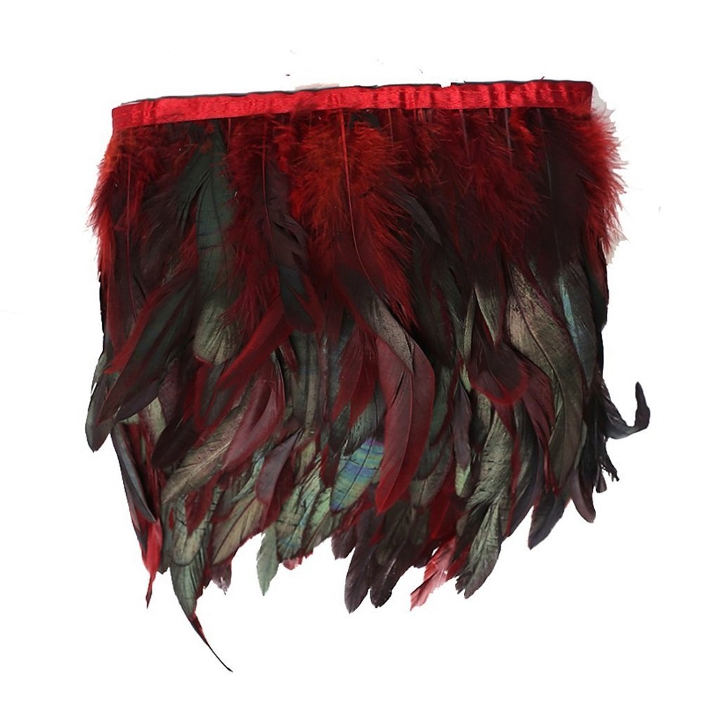KOLIGHT Pack of 2m Natural Rooster Hackle Feather Trim Fringe 12-17cm in Width DIY Decoration (Burgundy)